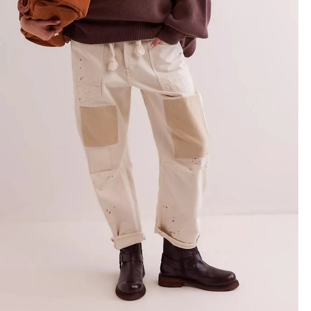 We The Free Cream Patchwork Jeans with Tan Knee Patches